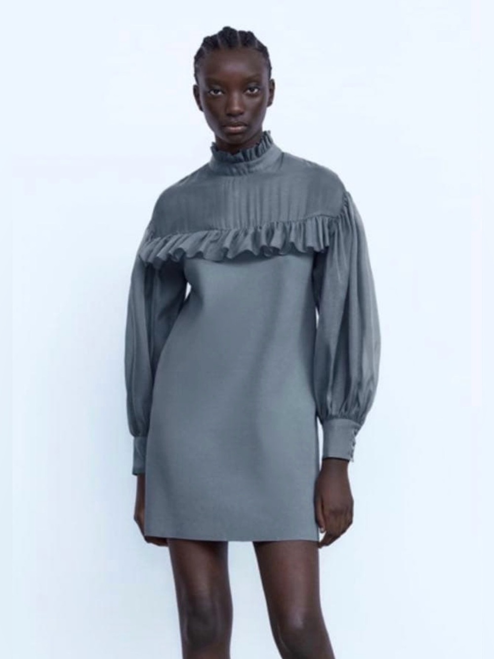 Zara Ruffle-Yoke Long Sleeve Blouse in Slate
